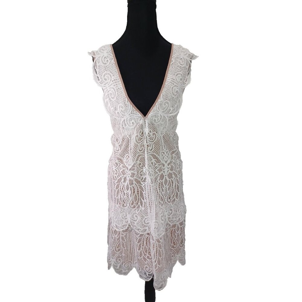 Sugar+ Lips Anthropologie Beachy White Lace Over Blush Layers Dress Sz L Large